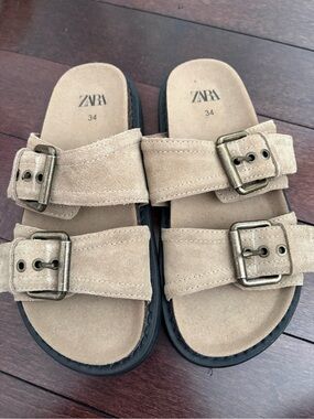 ZARA Tan Suede Double-Buckle Kids Sandals
